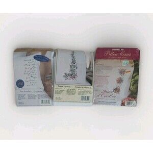 Lot of 3 Stamped Flowers Embroidery Pillowcases Kits Bucilla & Dimensions New